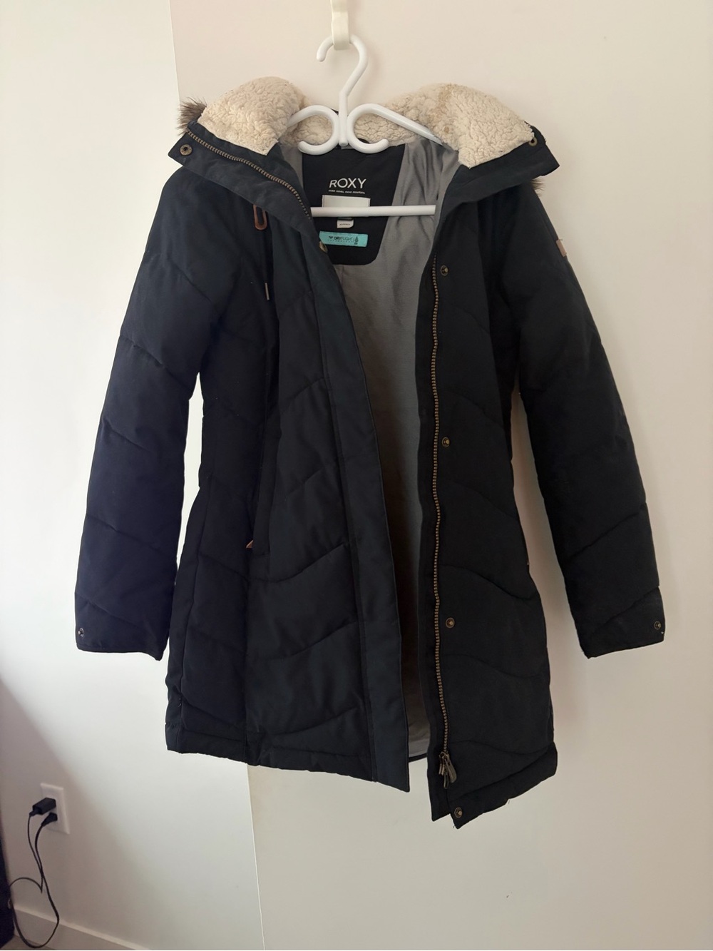 Roxy Black Long Sherpa-Trim Puffer Jacket